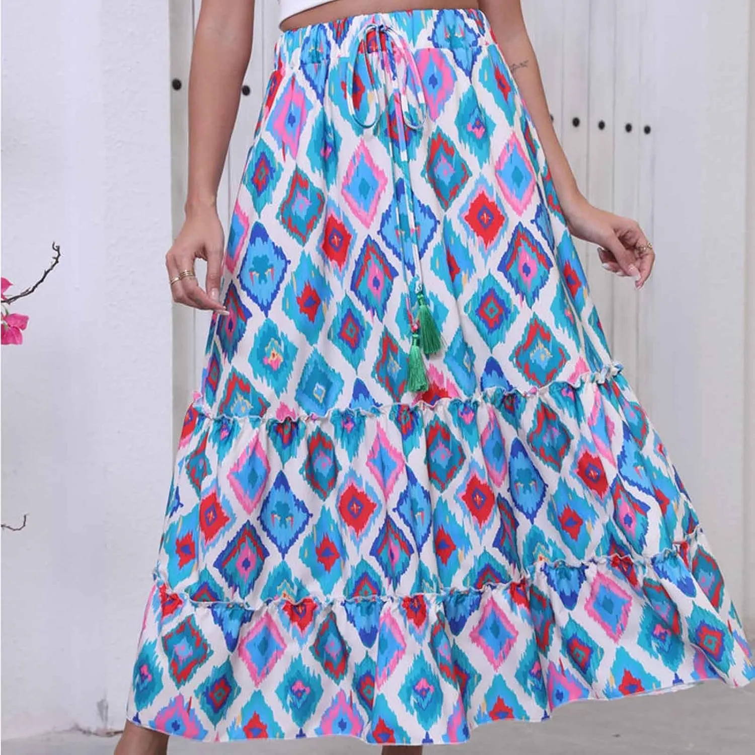 Boho Floral Print Maxi Skirt for Women Trendy 2025 Summer Elastic High Waisted Loose Ruffle Tiered Swing Beach Skirts