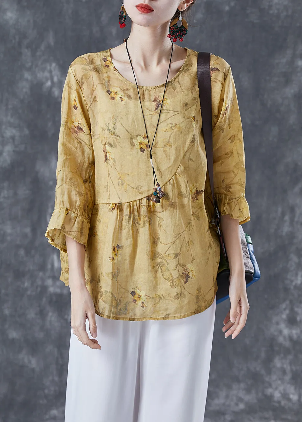 Boho Yellow Patchwork Print Linen Blouse Tops Bracelet Sleeve LY4134