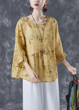 Boho Yellow Patchwork Print Linen Blouse Tops Bracelet Sleeve LY4134