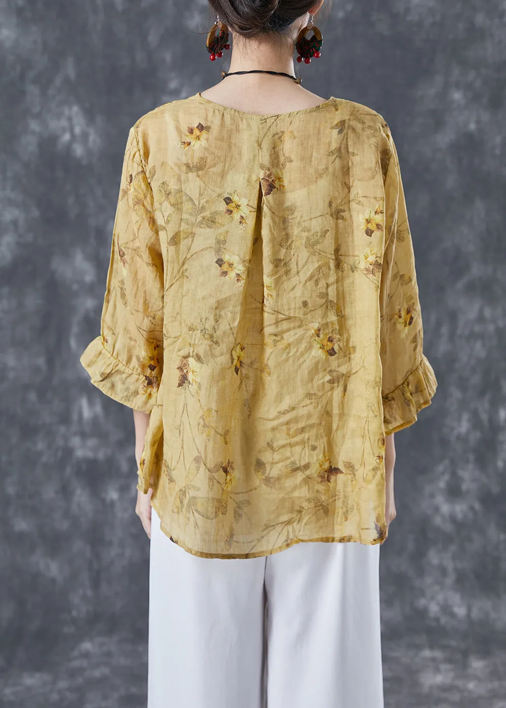 Boho Yellow Patchwork Print Linen Blouse Tops Bracelet Sleeve LY4134