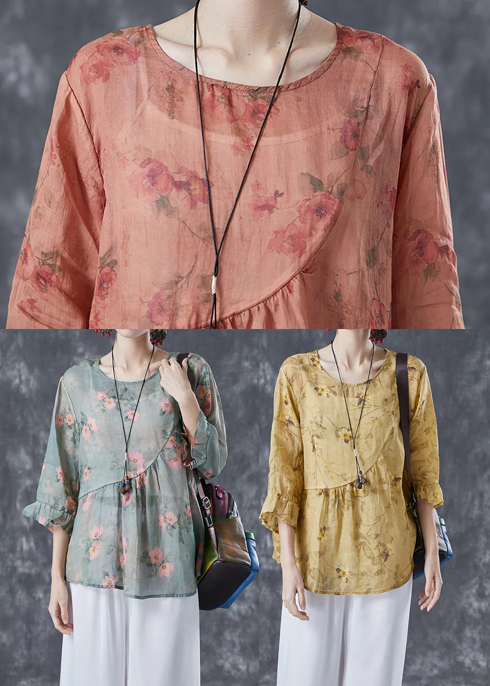 Boho Yellow Patchwork Print Linen Blouse Tops Bracelet Sleeve LY4134