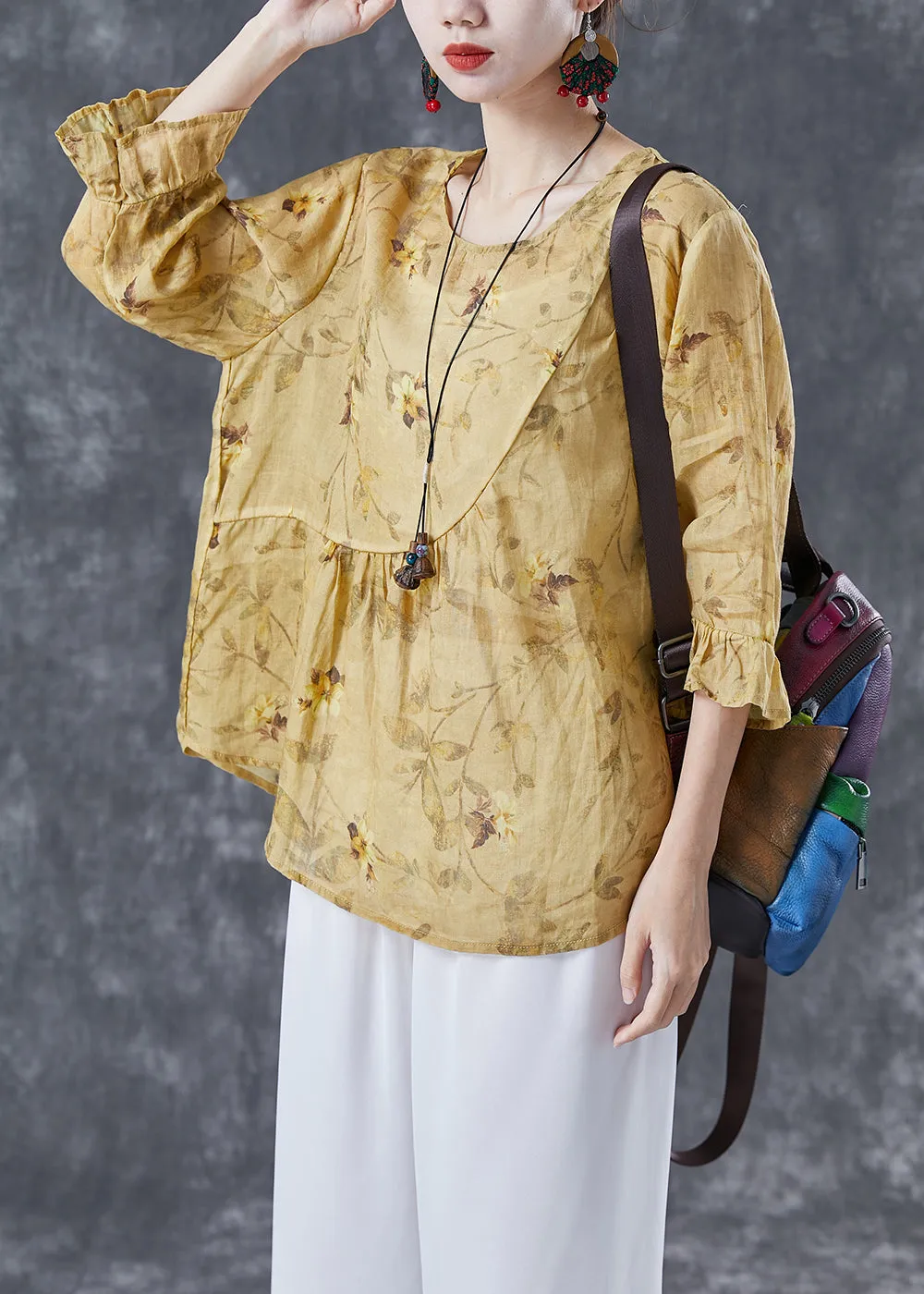 Boho Yellow Patchwork Print Linen Blouse Tops Bracelet Sleeve LY4134