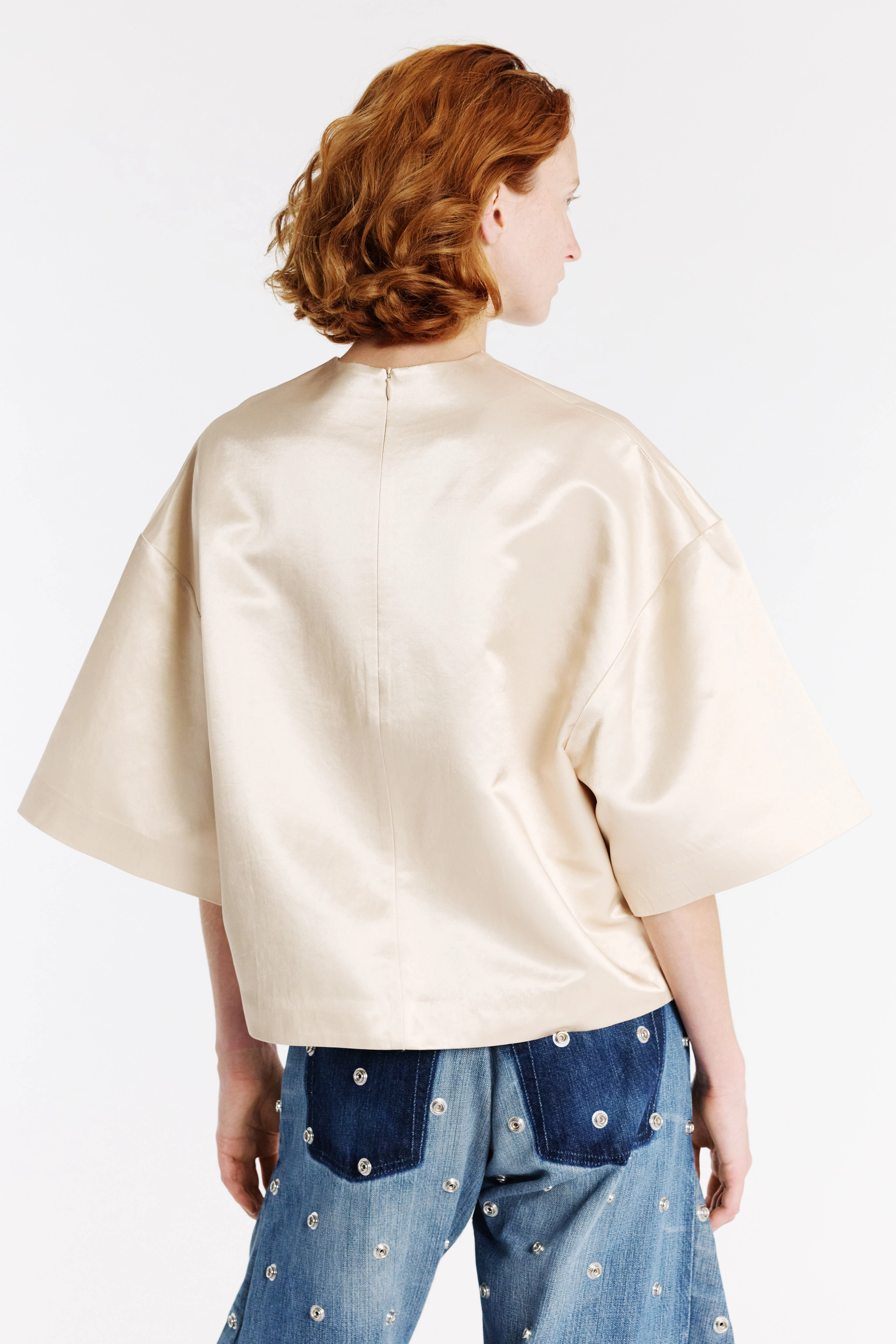 Grid Texture Fabric Boiled Egg Satin Top Peach