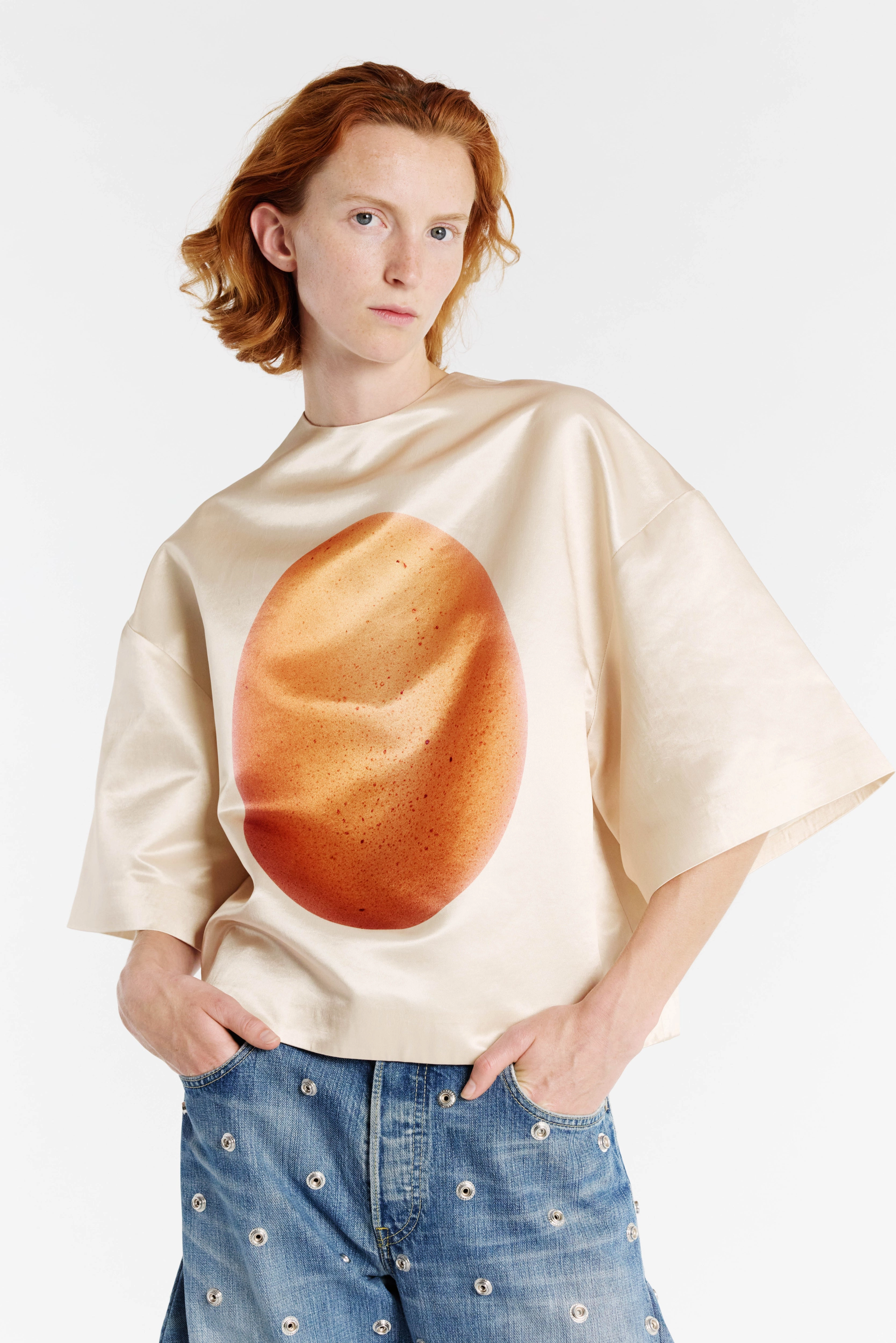 Flatlock stitching Boiled Egg Satin Top Peach