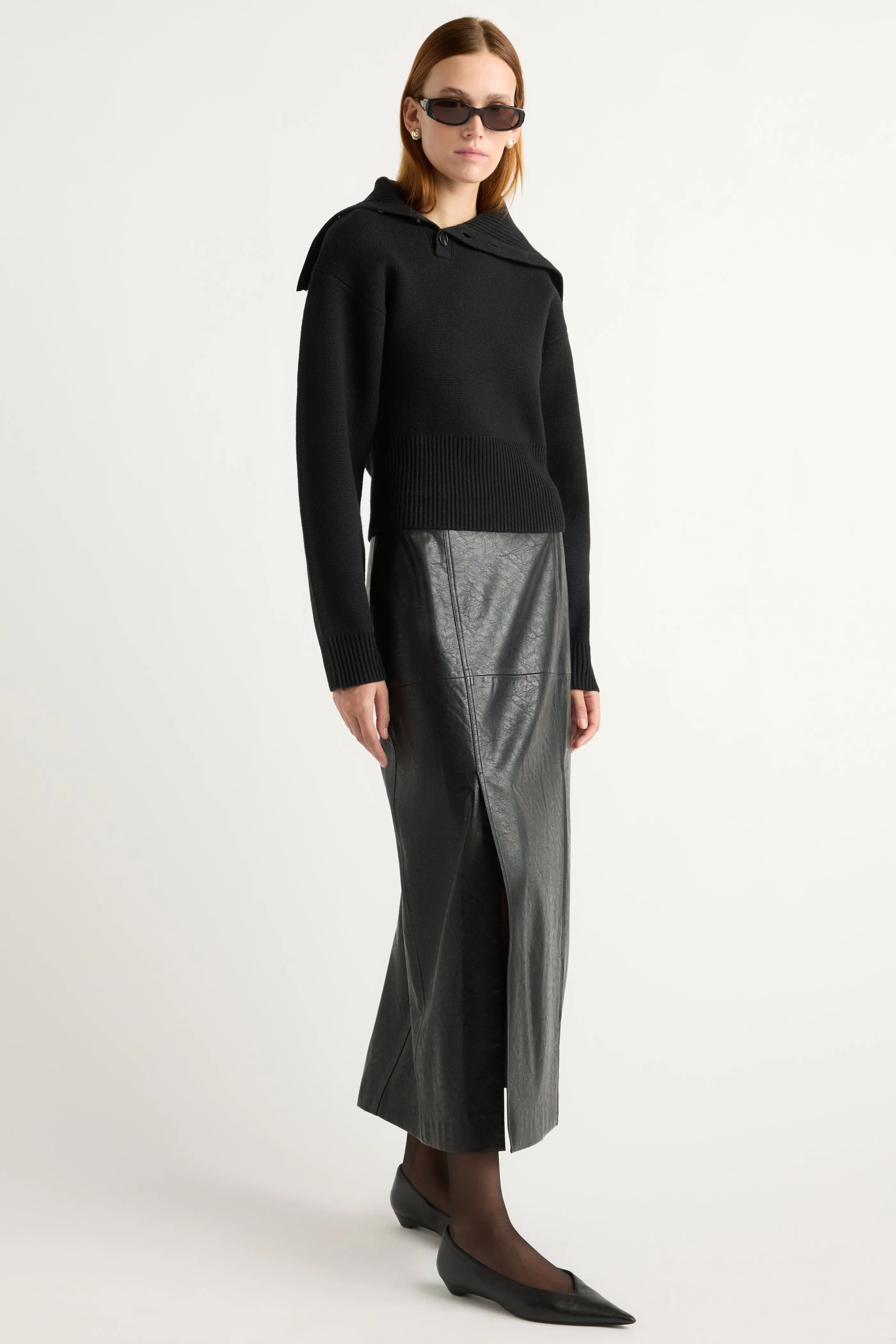 Modern Combo Glossy Texture Rama Front-Vent Vegan Leather Skirt