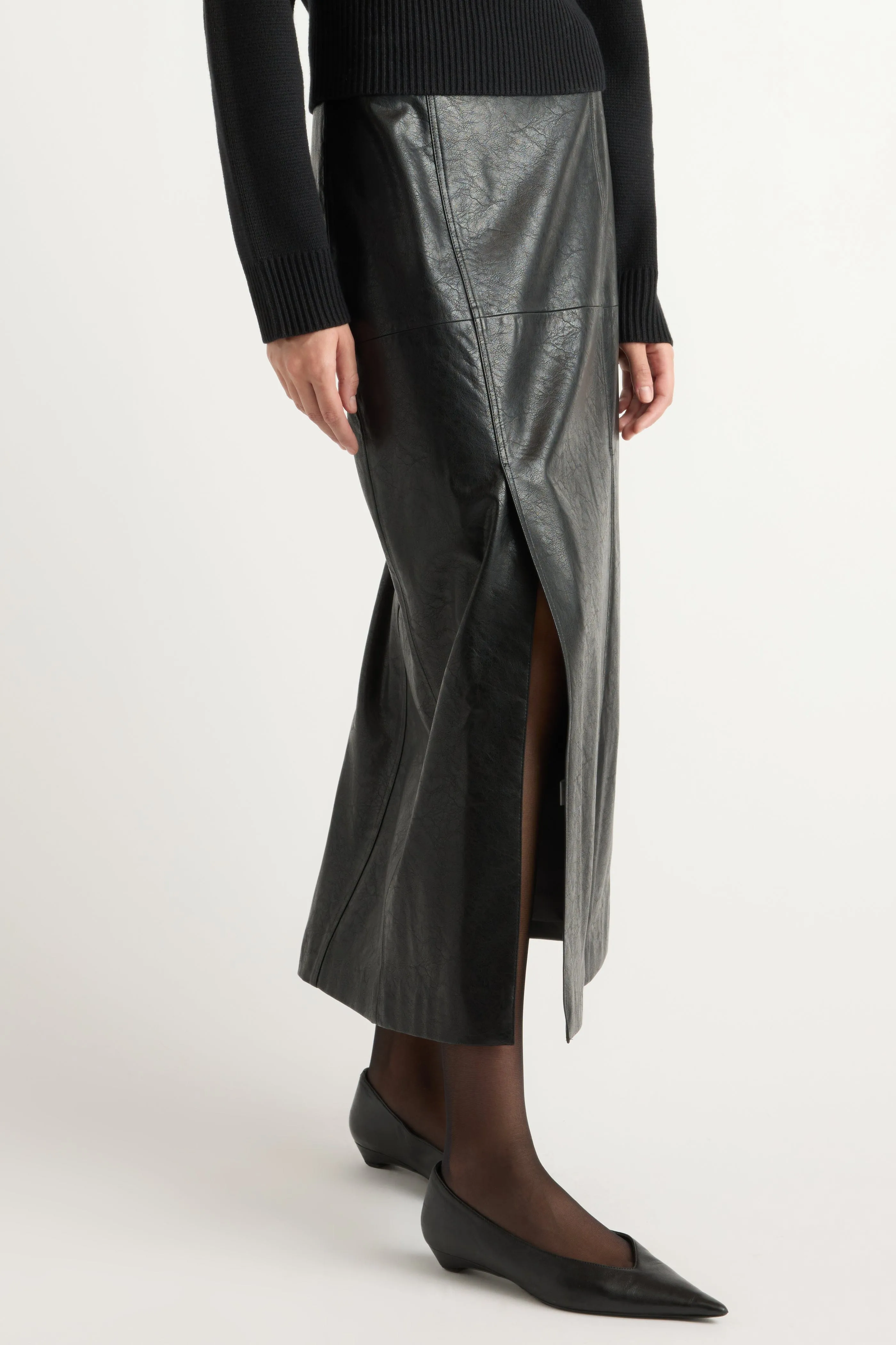 Subtle Details Rama Front-Vent Vegan Leather Skirt