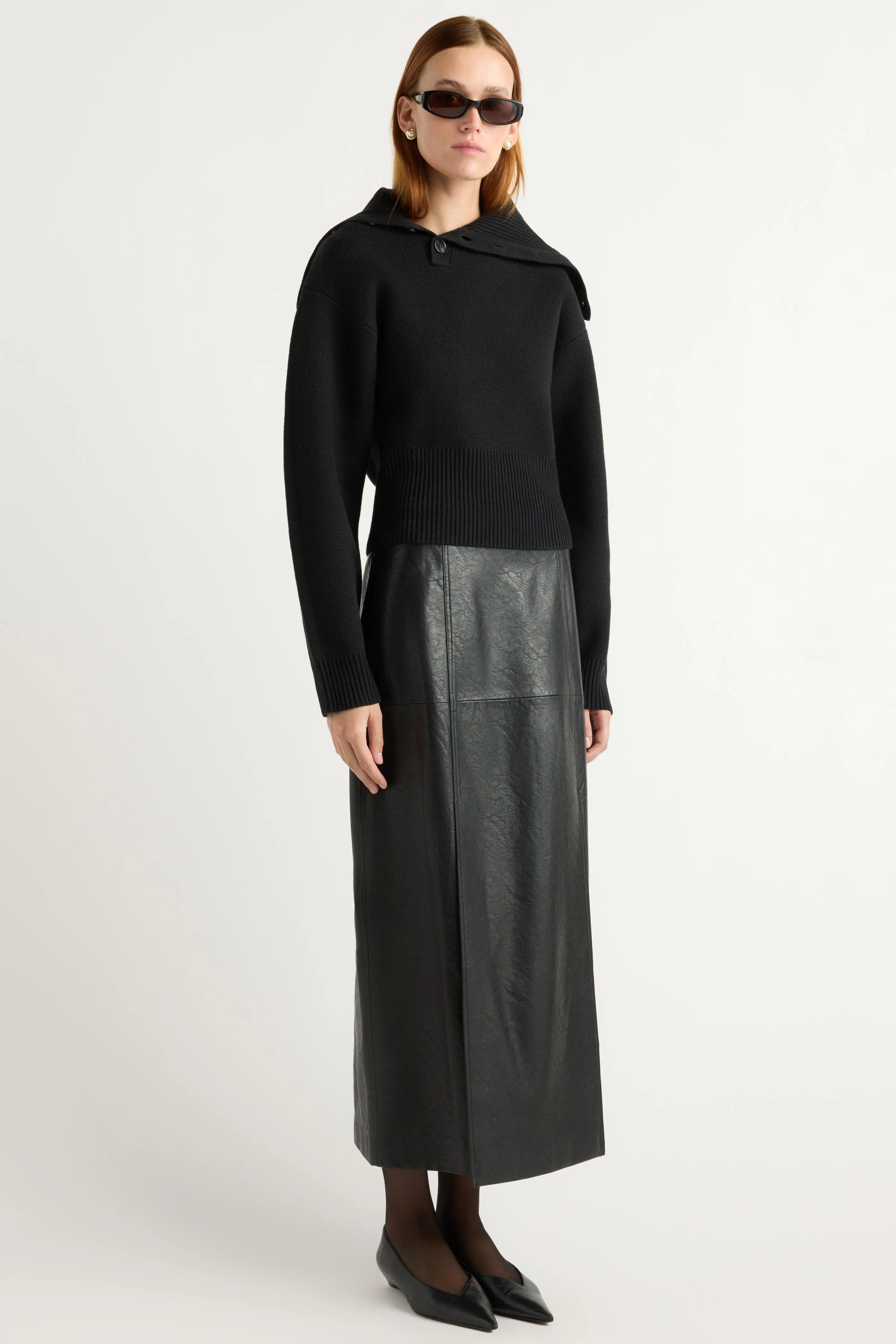 Sustainable Innovation Rama Front-Vent Vegan Leather Skirt