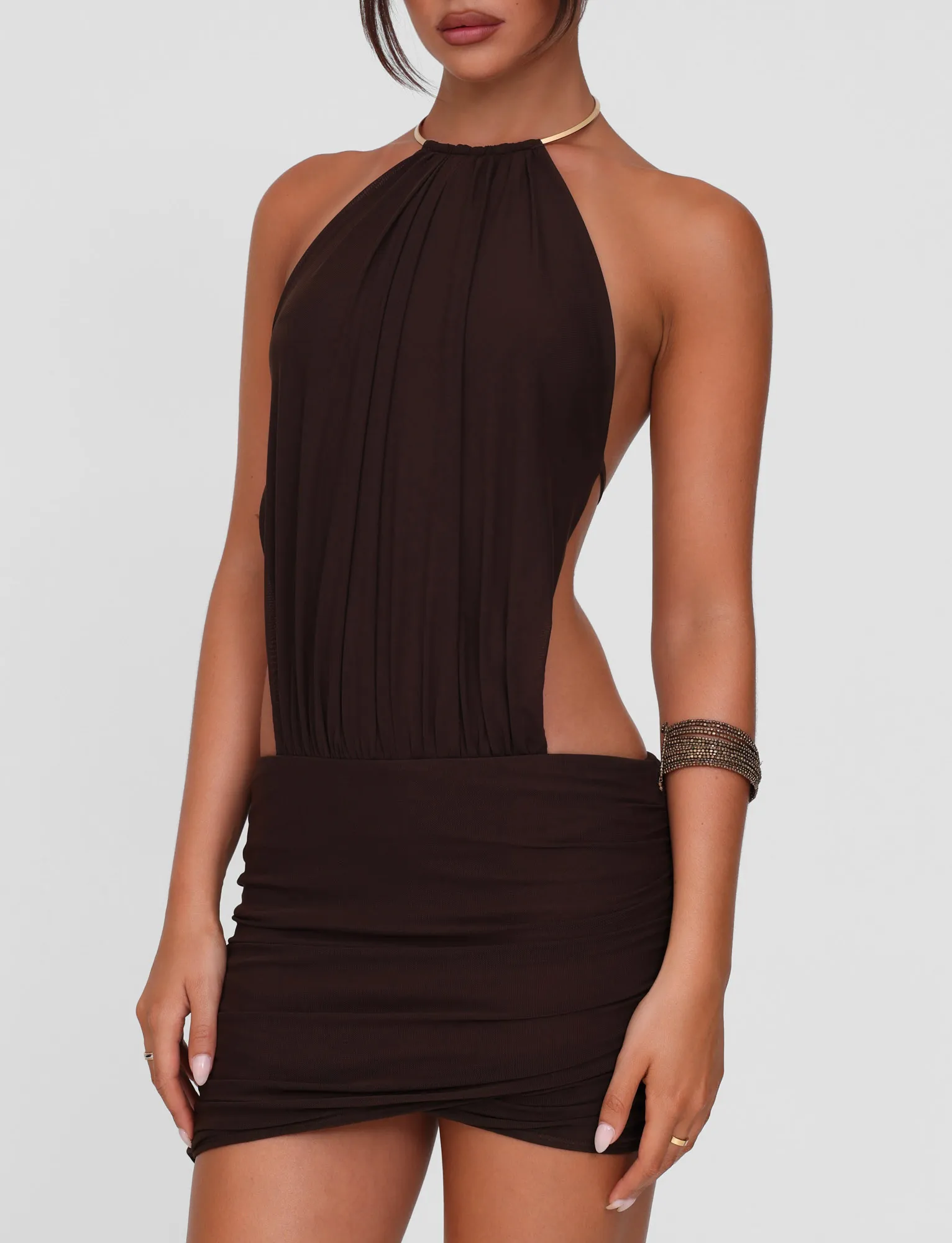 EVANNA MINI DRESS - BROWN : CHOCOLATE High-Neck Chic boho dress