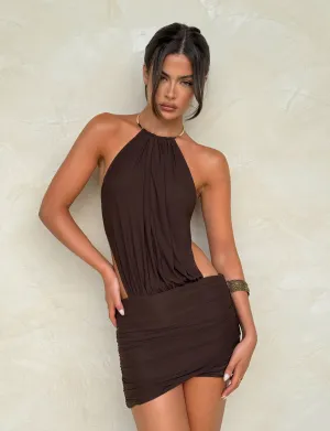 Rural Charm Silky Drape EVANNA MINI DRESS - BROWN : CHOCOLATE