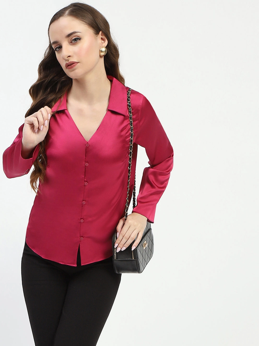 Madame Satin Bell Sleeve Collared Solid Fuschia Top Quality Wear