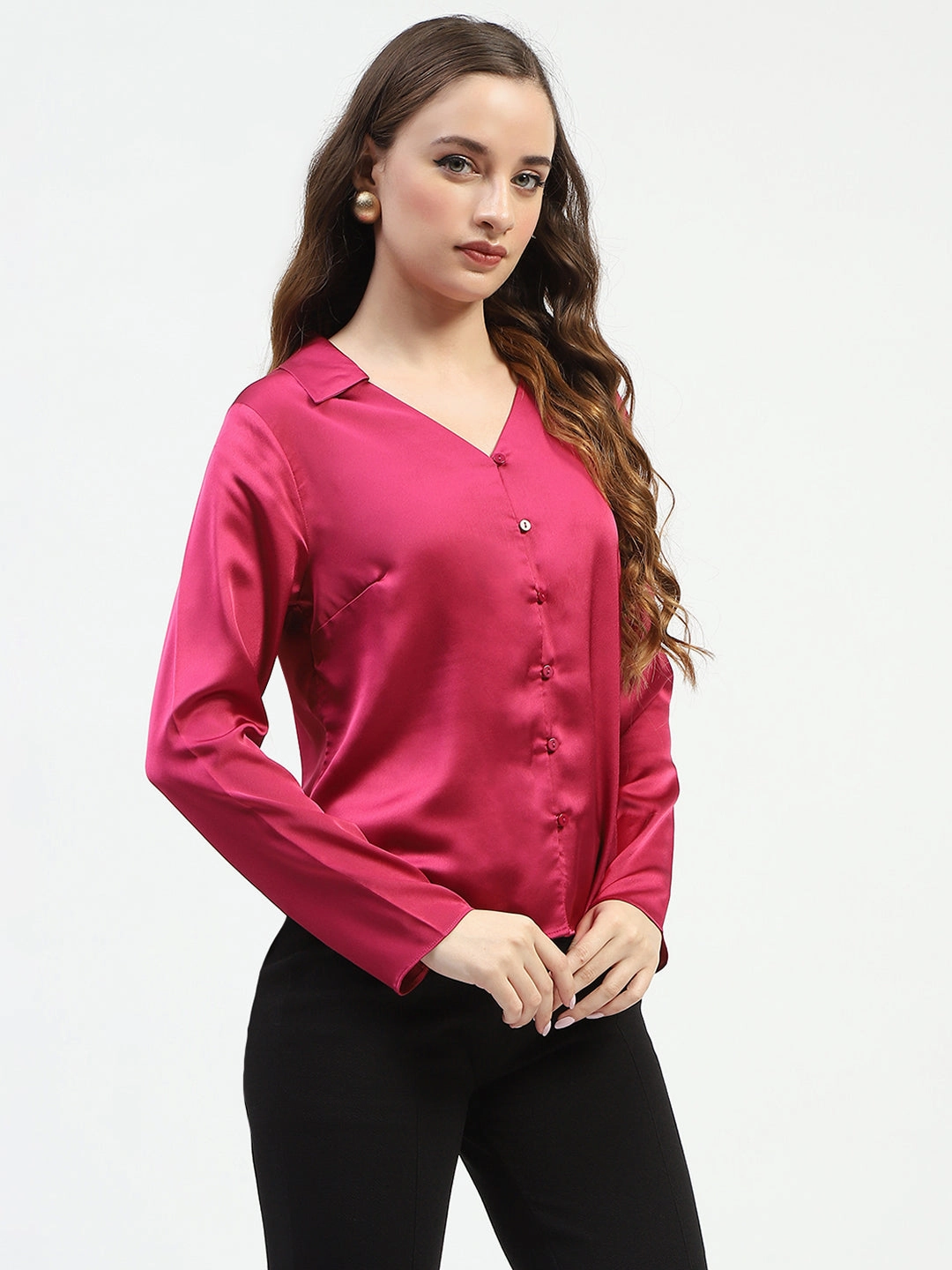 Casual Design Chic Wardrobe Madame Satin Bell Sleeve Collared Solid Fuschia Top