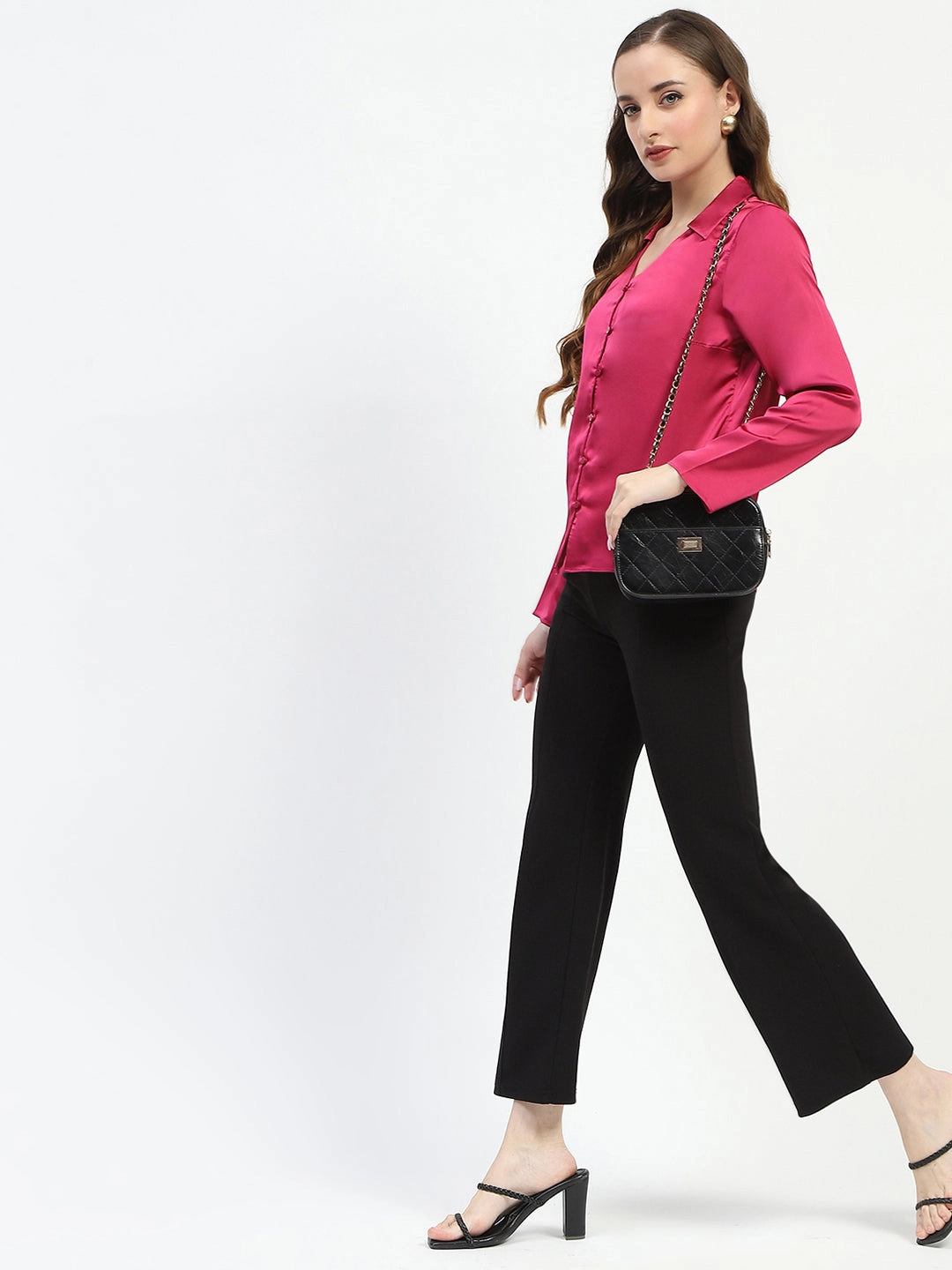 Madame Satin Bell Sleeve Collared Solid Fuschia Top Flexible Placket Structure Asymmetrical Cut