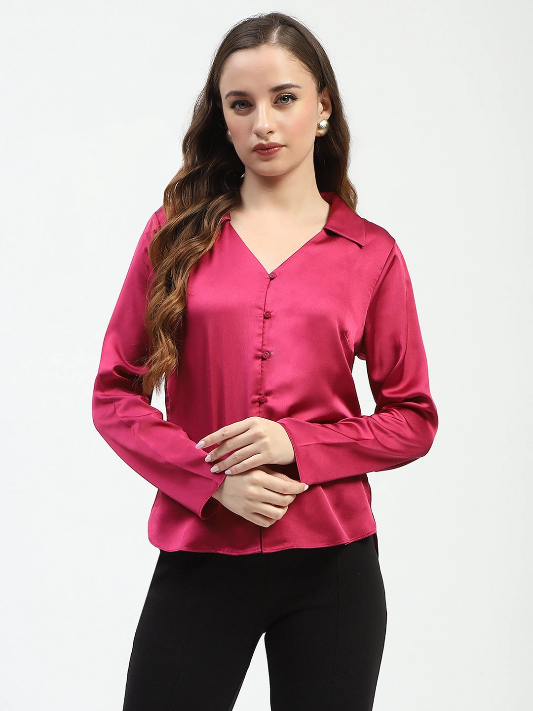 Madame Satin Bell Sleeve Collared Solid Fuschia Top Comfy Design Thermal Regulation Fabric