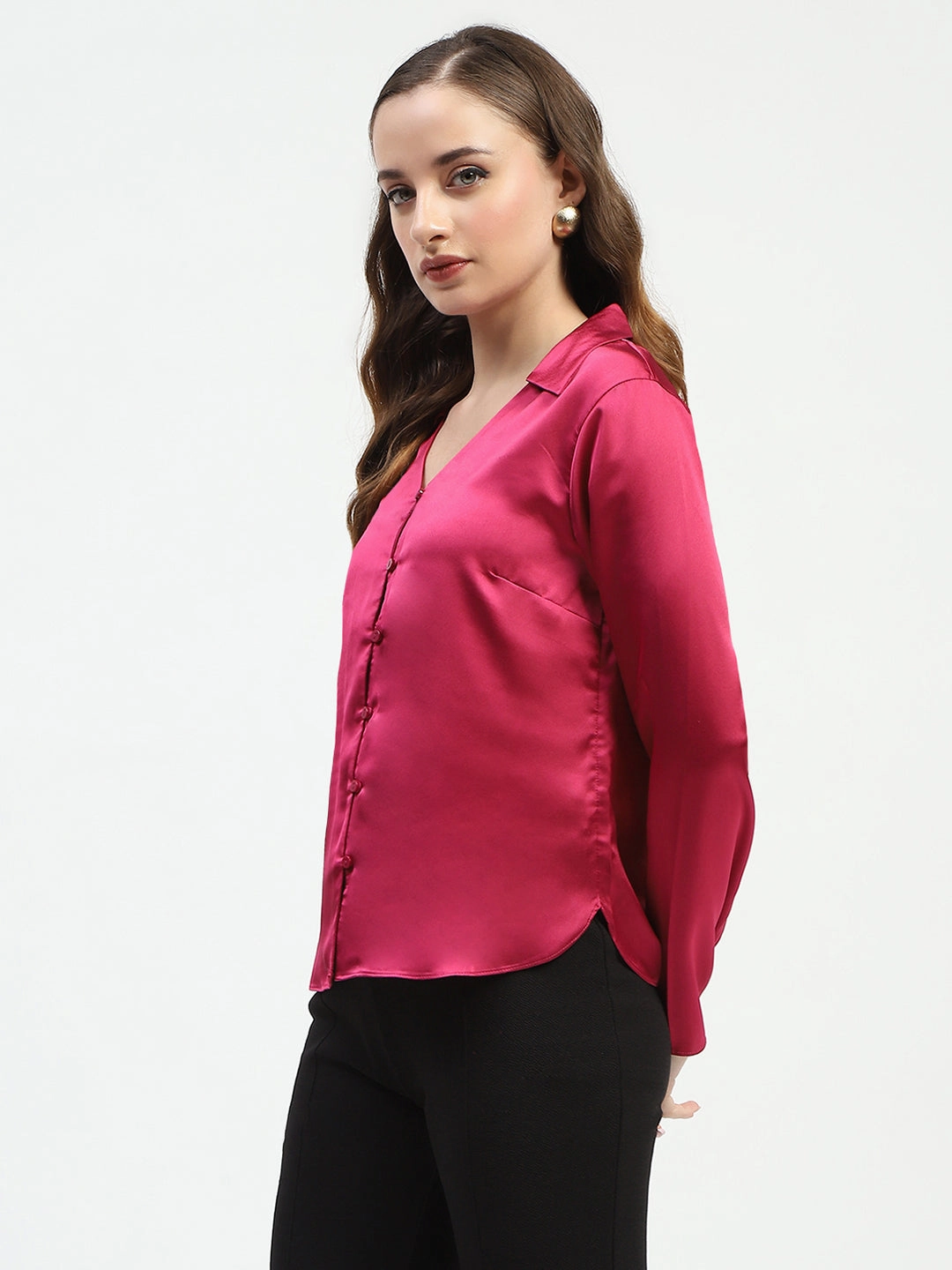 Madame Satin Bell Sleeve Collared Solid Fuschia Top Lounge Wear Anti-static