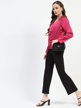 Madame Satin Bell Sleeve Collared Solid Fuschia Top Flexible Placket Structure Asymmetrical Cut