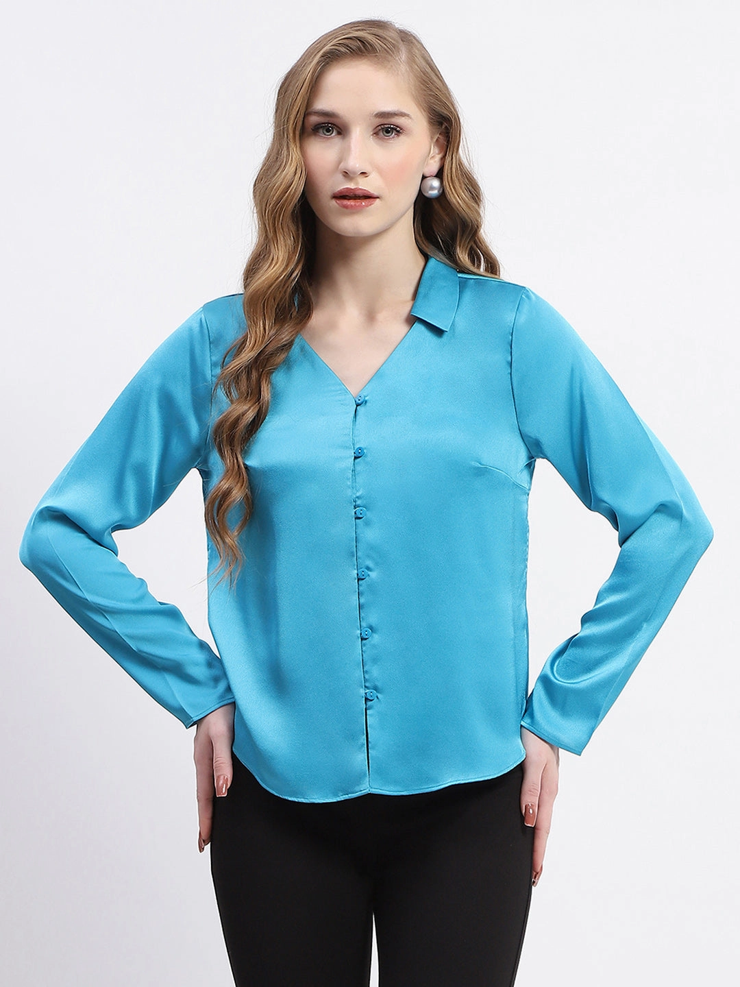 Soft Feel Breathable Underarm Vents Madame Satin Bell Sleeve Collared Solid Blue Top