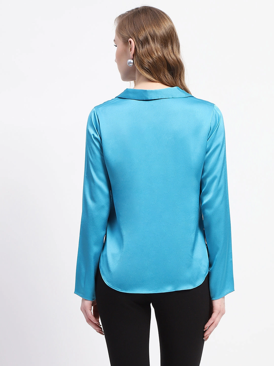 Gym Wear Denim Blend Madame Satin Bell Sleeve Collared Solid Blue Top