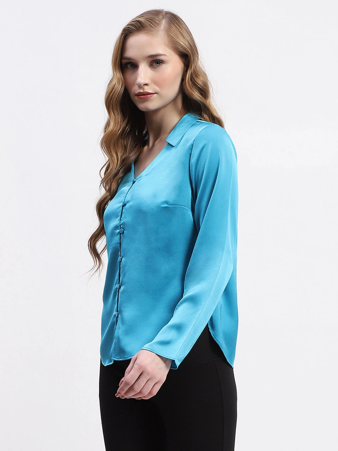 Everyday Wear UV Protective Fabric Madame Satin Bell Sleeve Collared Solid Blue Top