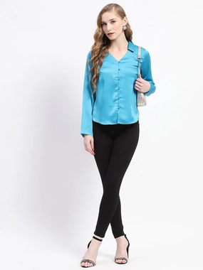 Everyday Wear Madame Satin Bell Sleeve Collared Solid Blue Top