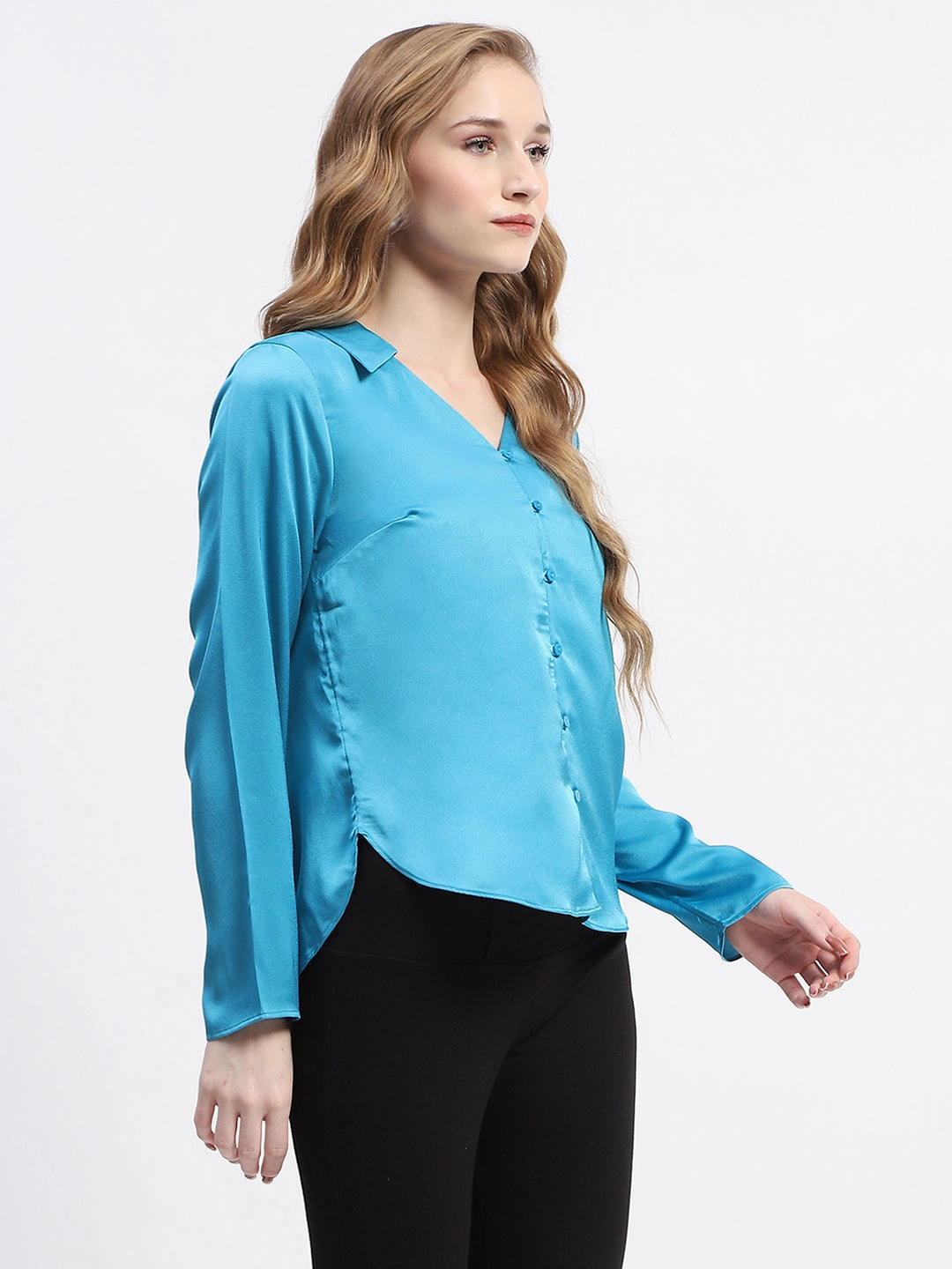 Madame Satin Bell Sleeve Collared Solid Blue Top Classic Color