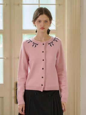 MachineWashable ??Final Sale??Nyx Round Neck Contrasting Embroidery Bow Cardigan