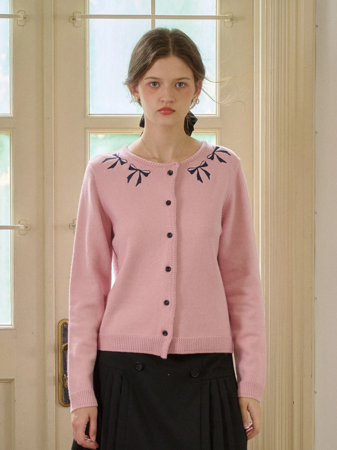 MachineWashable ??Final Sale??Nyx Round Neck Contrasting Embroidery Bow Cardigan