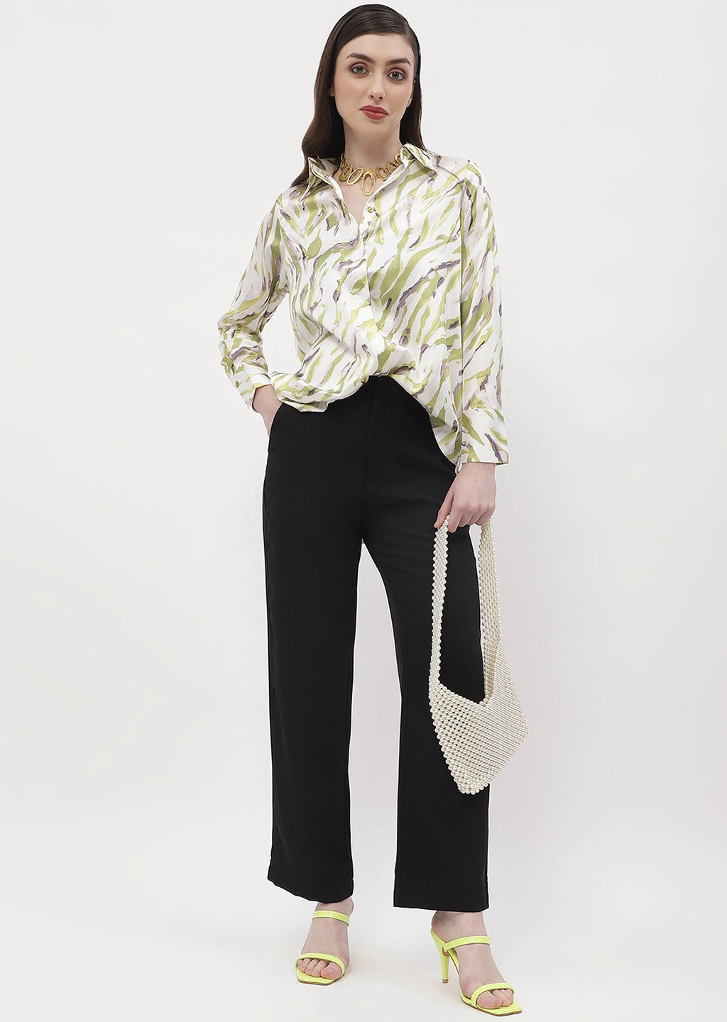 Madame Abstract Print Olive Green Regular Shirt Trendy Wear