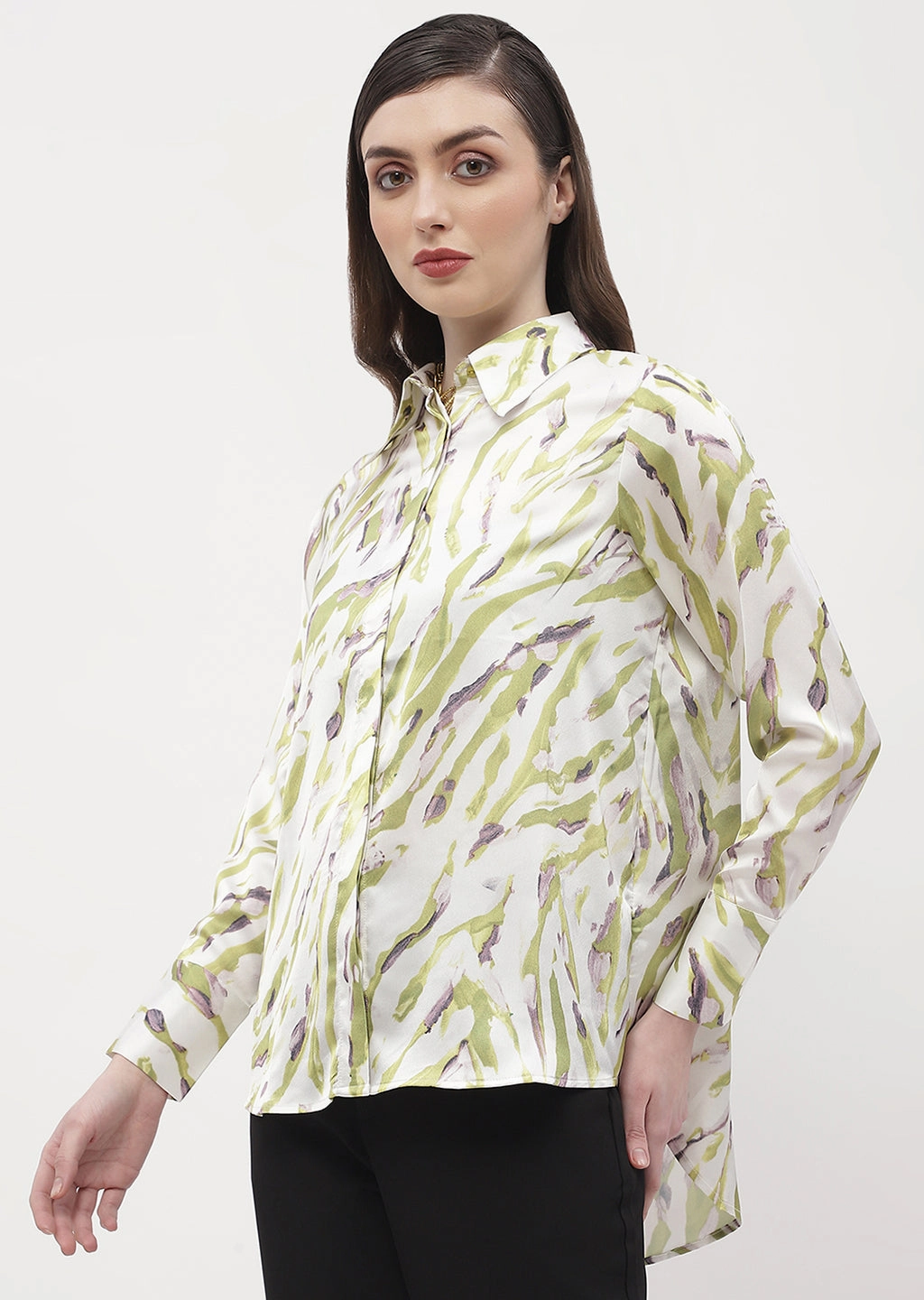 Madame Abstract Print Olive Green Regular Shirt Reinforced Side Vents Durable Material