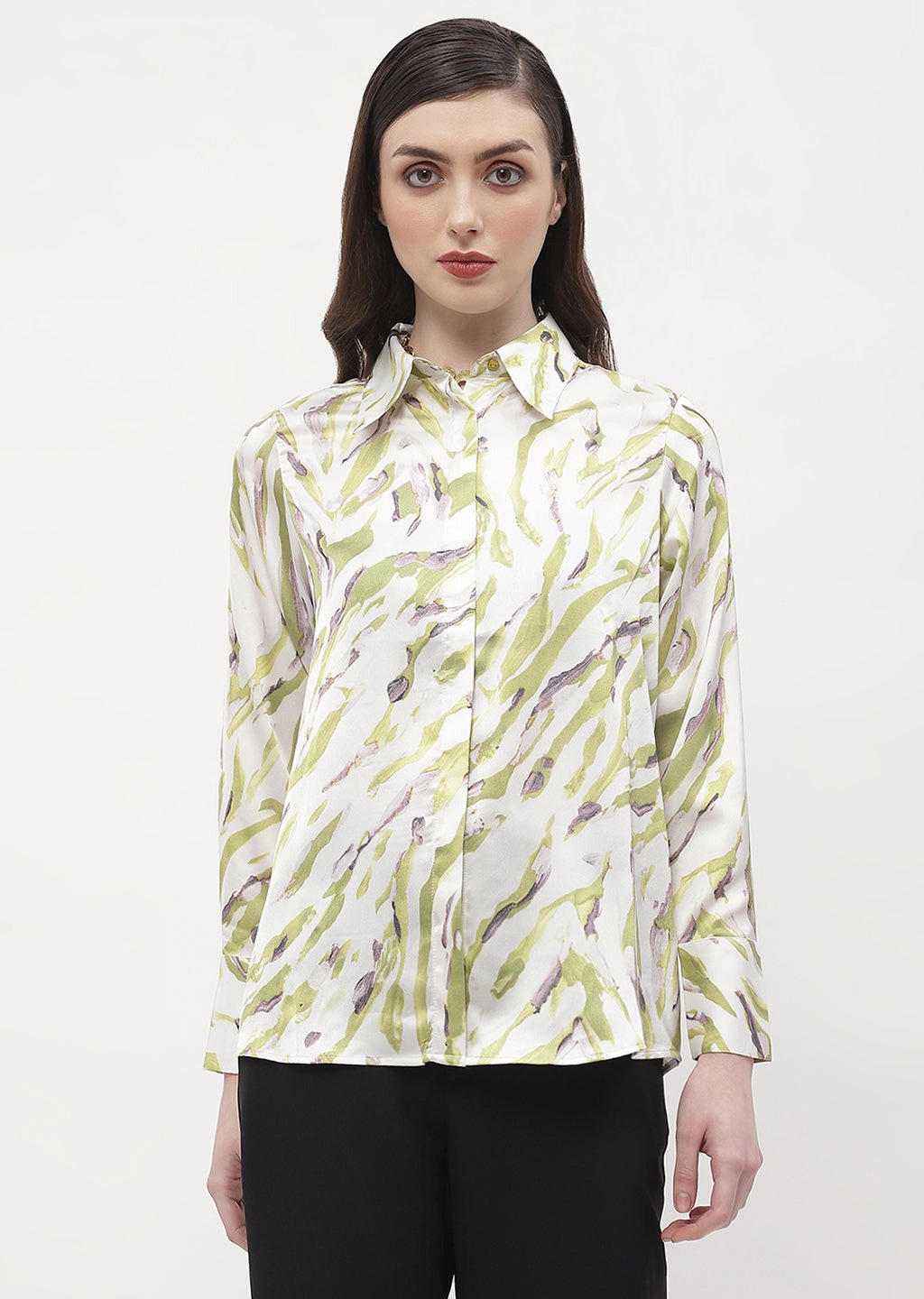 Madame Abstract Print Olive Green Regular Shirt Preppy Vibe Sporty Appeal