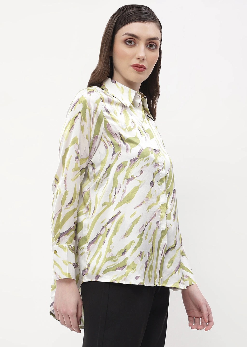 Madame Abstract Print Olive Green Regular Shirt Cozy Option Reinforced Hems
