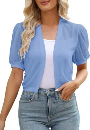 Bolero Shrugs for Dresses Women Puff Short Sleeve Cropped Sheer Open Front Shawl Cardigans Summer Thin Chiffon Shrug 01- Light Blue Medium