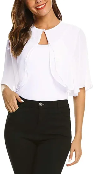 Bolero Shrugs for Dresses Women Puff Short Sleeve Cropped Sheer Open Front Shawl Cardigans Summer Thin Chiffon Shrug 04- White X-Large