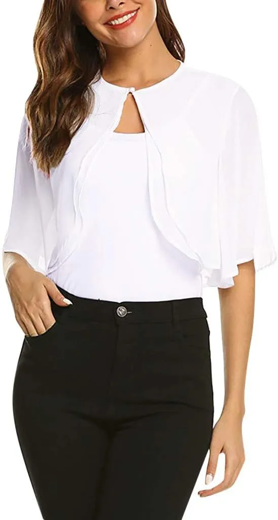 Bolero Shrugs for Dresses Women Puff Short Sleeve Cropped Sheer Open Front Shawl Cardigans Summer Thin Chiffon Shrug 04- White X-Large