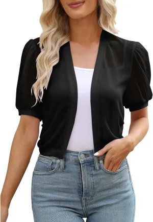 Bolero Shrugs for Dresses Women Puff Short Sleeve Cropped Sheer Open Front Shawl Cardigans Summer Thin Chiffon Shrug Tops 01- Black Medium