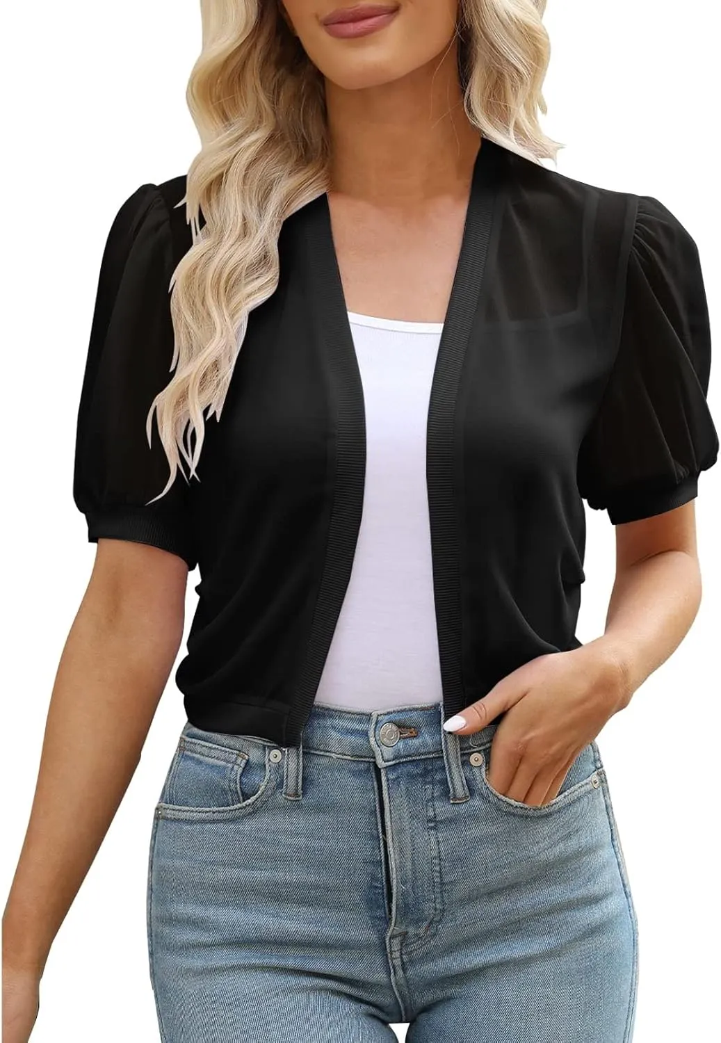 Bolero Shrugs for Dresses Women Puff Short Sleeve Cropped Sheer Open Front Shawl Cardigans Summer Thin Chiffon Shrug Tops 01- Black Medium