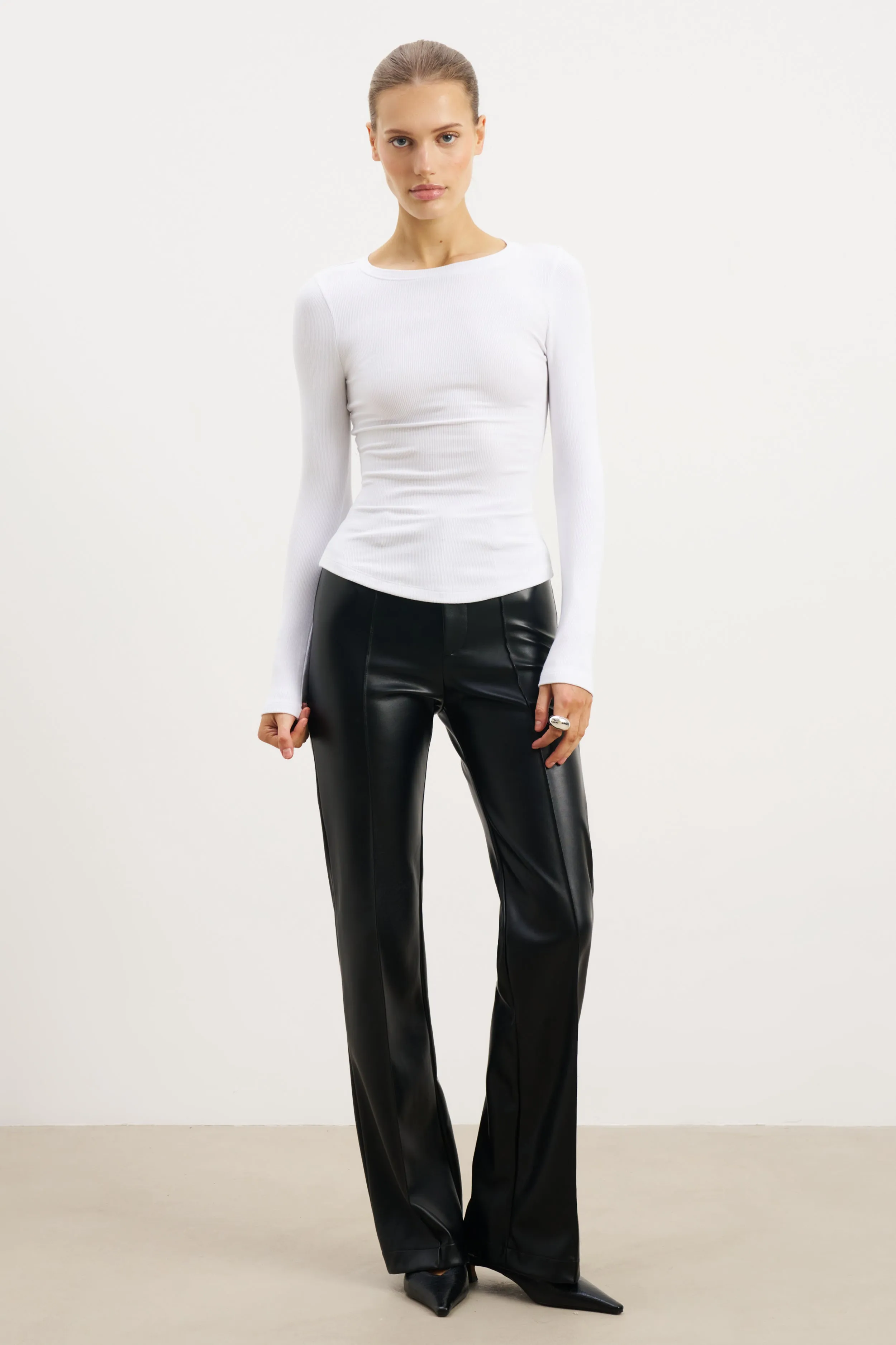 Resilient Fabric Blend Tactile Soft Texture Soft Ribbed Long Sleeve Top - White