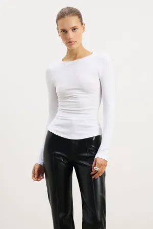 Flexible Knit Circular Knit Technique Soft Ribbed Long Sleeve Top - White