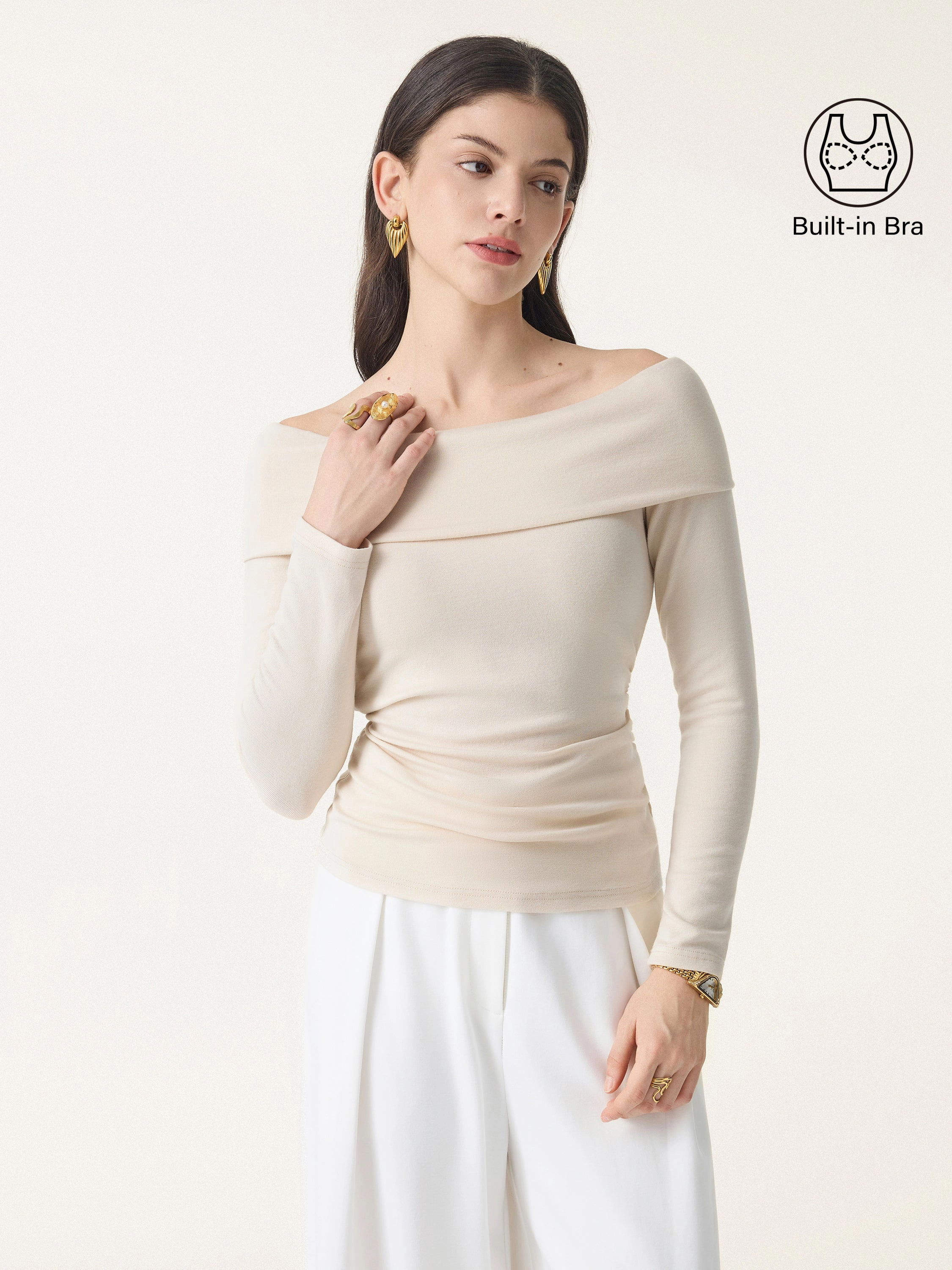 Flexible Ribbing Off-Shoulder Long Sleeve Side Ruched Brami Top
