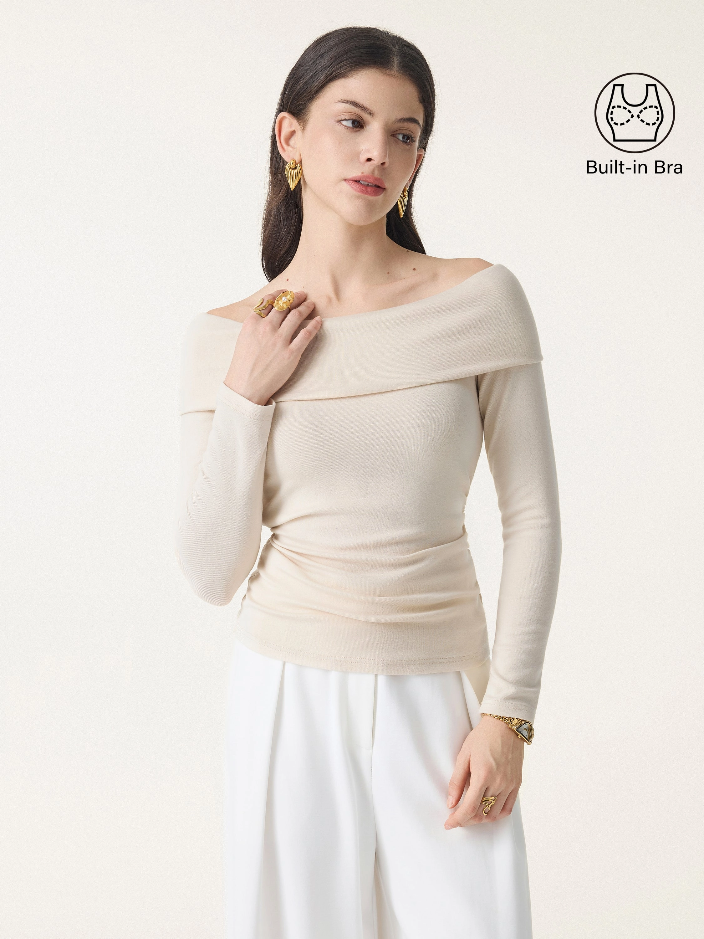 Off-Shoulder Long Sleeve Side Ruched Brami Top FrenchTerryTexture