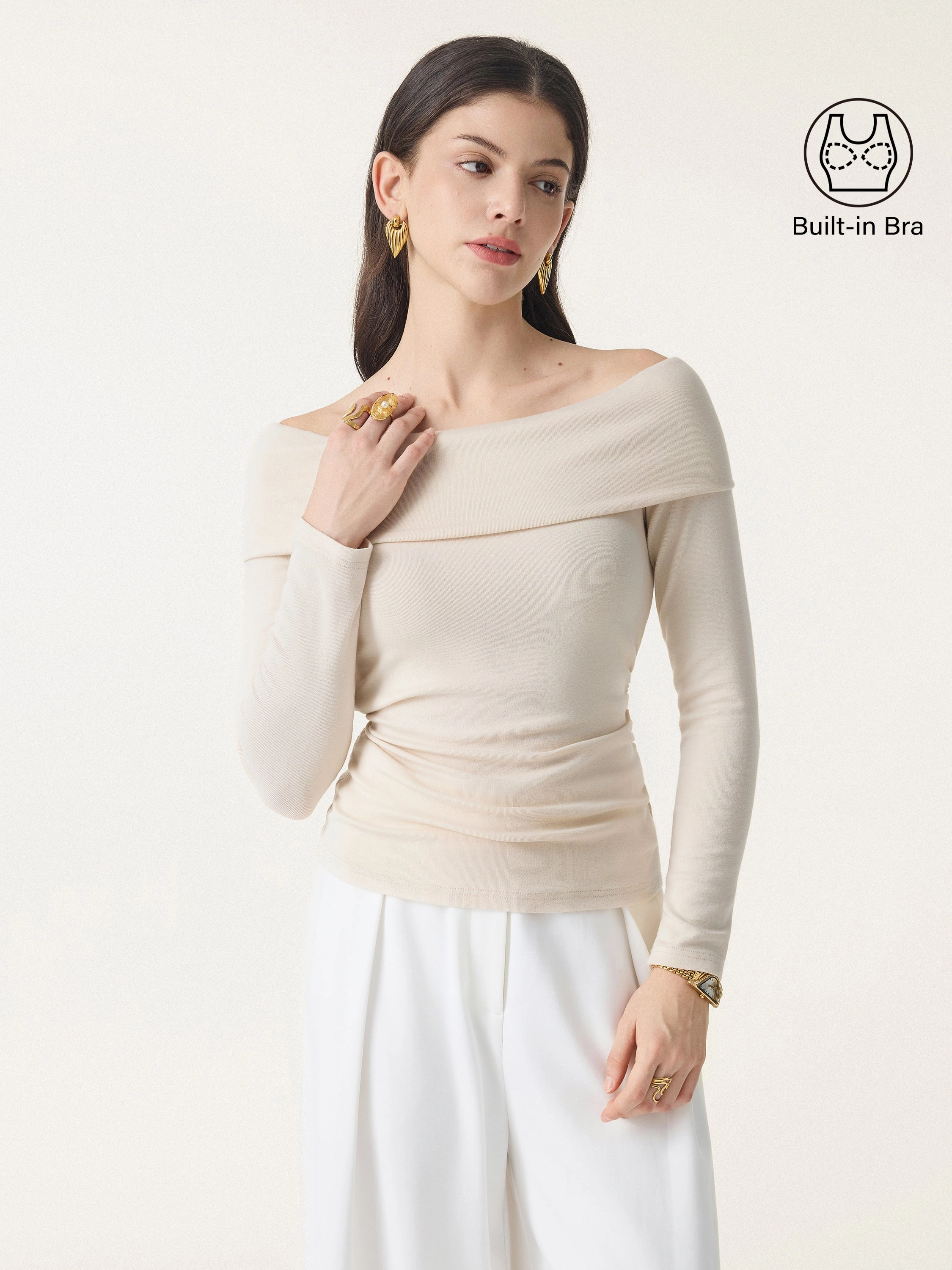 Off-Shoulder Long Sleeve Side Ruched Brami Top Ribbed Hem Finish Reflective Trim