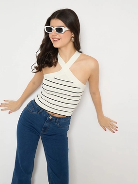 Soft Touch Fabric Madame Striped Halter Neck White Crop Top
