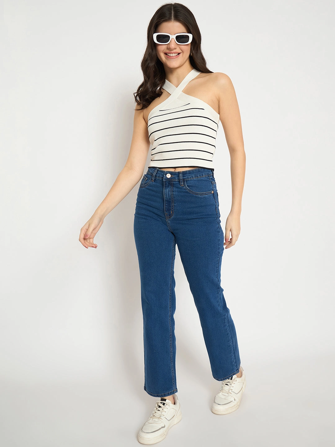 Madame Striped Halter Neck White Crop Top MultiPanel Design