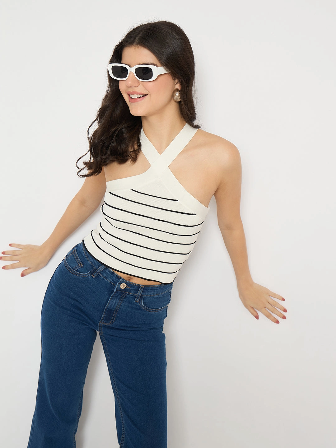 Soft Touch Fabric Madame Striped Halter Neck White Crop Top