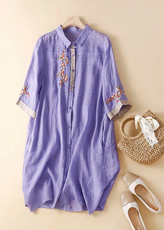 Boutique White Peter Pan Collar Embroideried Patchwork Linen Shirts Dresses Summer LY7161