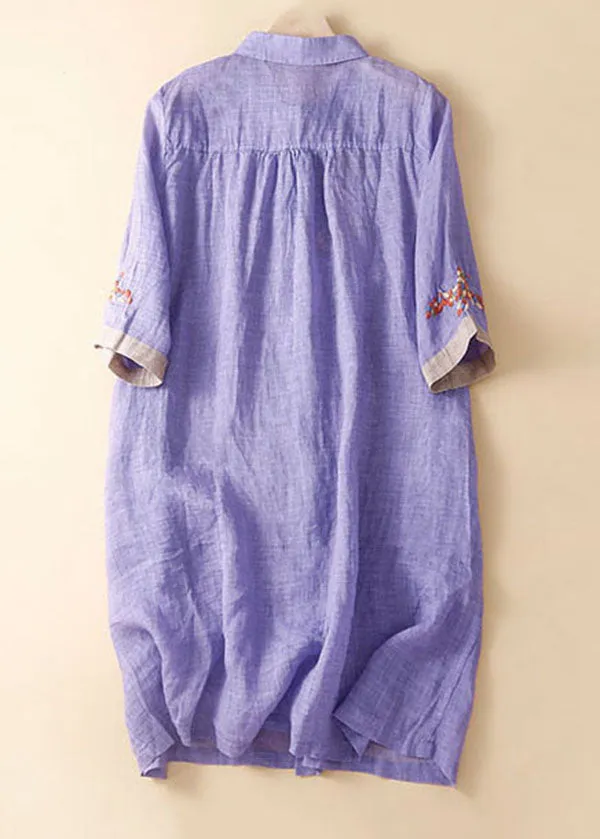 Boutique White Peter Pan Collar Embroideried Patchwork Linen Shirts Dresses Summer LY7161