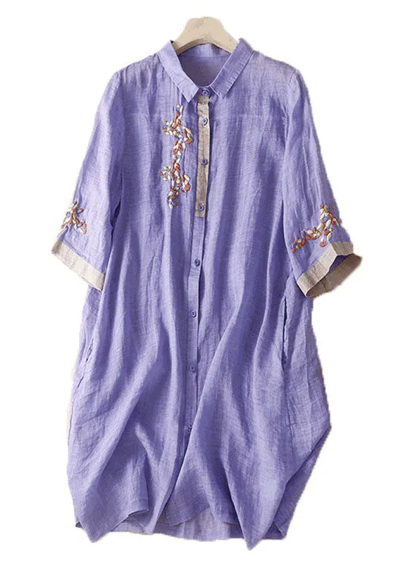 Boutique White Peter Pan Collar Embroideried Patchwork Linen Shirts Dresses Summer LY7161