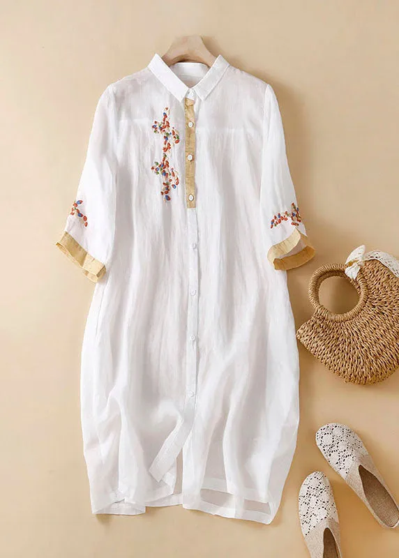 Boutique White Peter Pan Collar Embroideried Patchwork Linen Shirts Dresses Summer LY7161