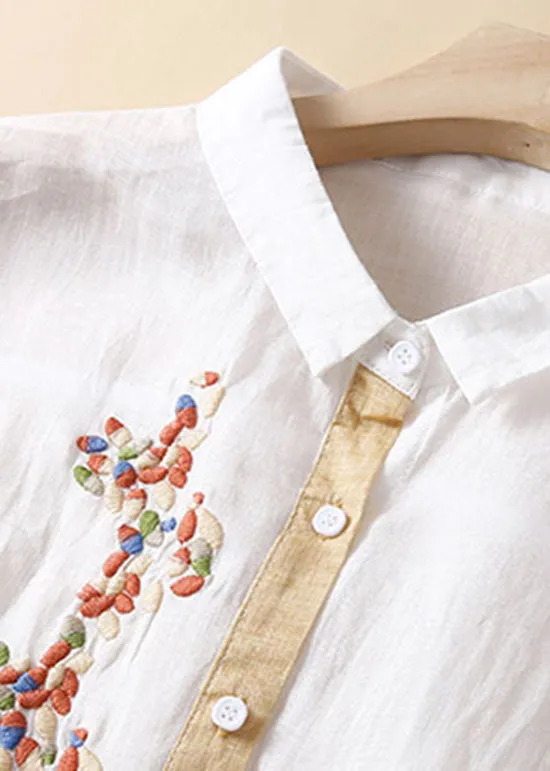 Boutique White Peter Pan Collar Embroideried Patchwork Linen Shirts Dresses Summer LY7161