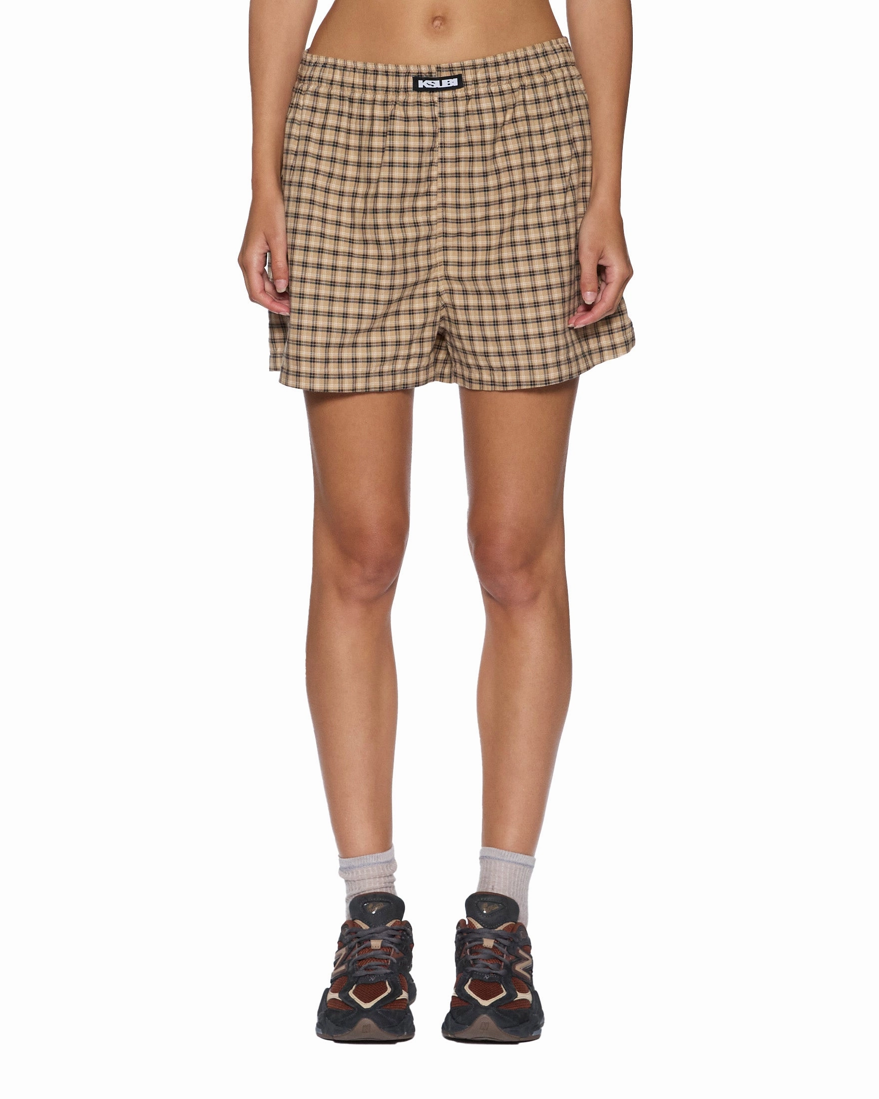 Classic Crewneck Design Garment Washed Softness BOXER SHORTS TAN PLAID