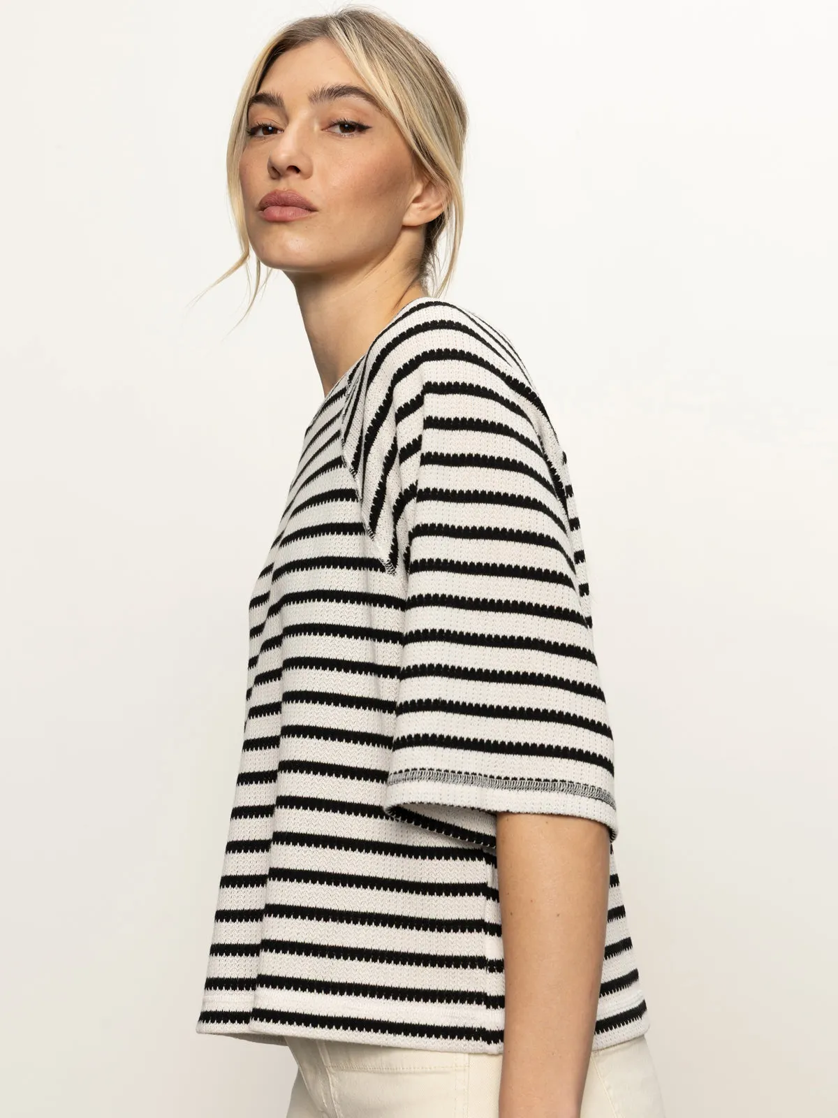 Boxy Raglan Tee Black with Light Oat Stripe Comfy Layer Wear